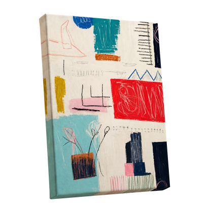 Colourblock Rhythm, beige, red, blue abstract wall art shown as a stretched canvas wall art