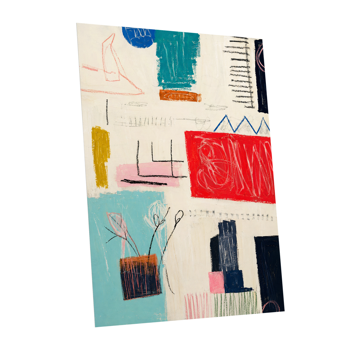 Colourblock Rhythm, beige, red, blue abstract wall art shown as a unframed poster wall art print