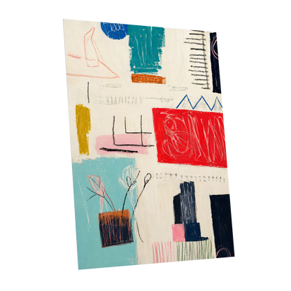 Colourblock Rhythm, beige, red, blue abstract wall art shown as a unframed poster wall art print