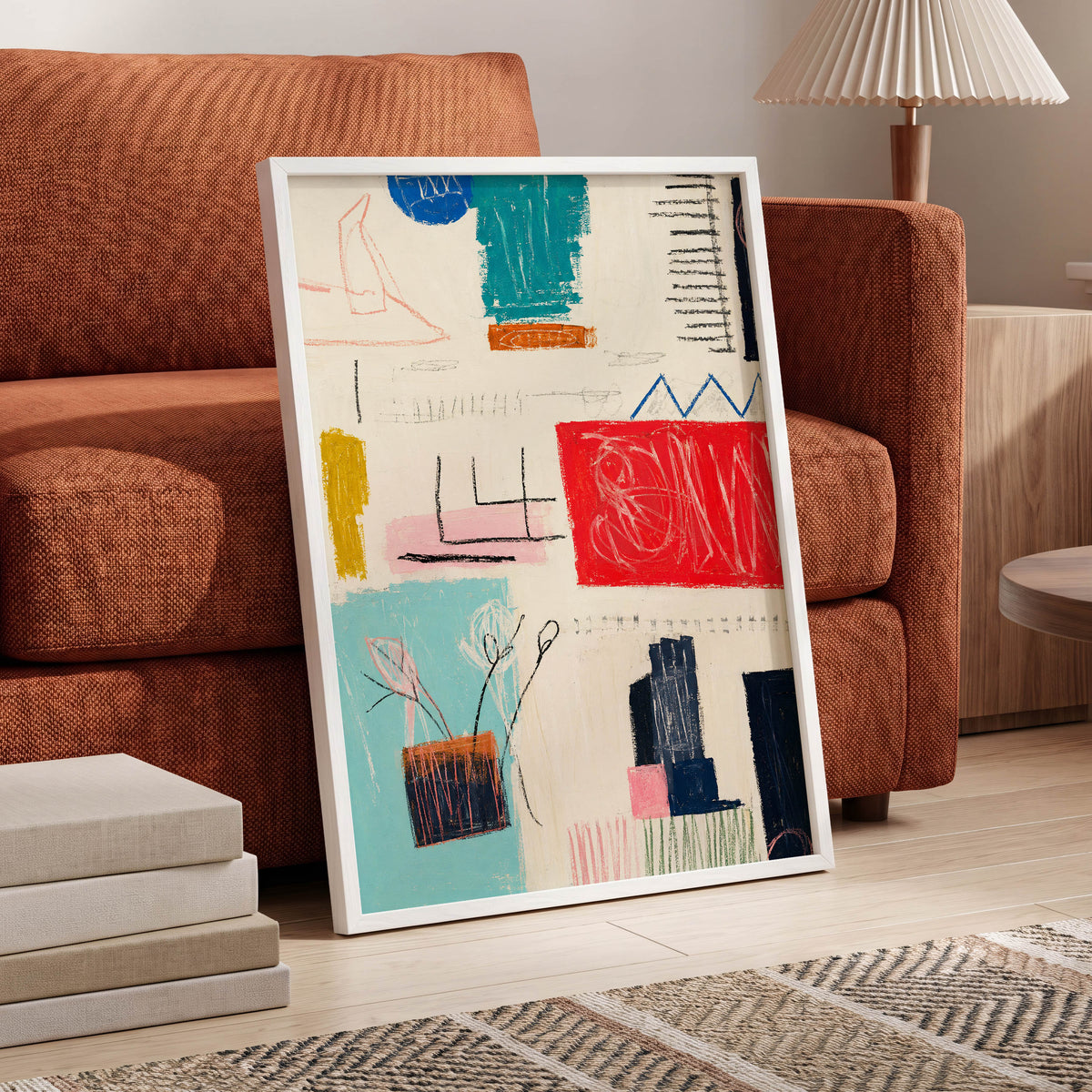 Colourblock Rhythm, beige, red, blue abstract wall art displayed in a styled interior, gallery view 2