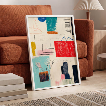 Colourblock Rhythm, beige, red, blue abstract wall art displayed in a styled interior, gallery view 2