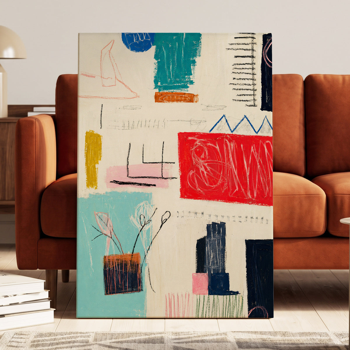 Colourblock Rhythm, beige, red, blue abstract wall art displayed in a styled interior, gallery view 3