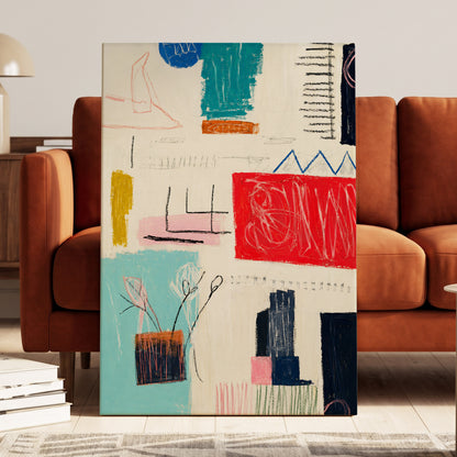 Colourblock Rhythm, beige, red, blue abstract wall art displayed in a styled interior, gallery view 3