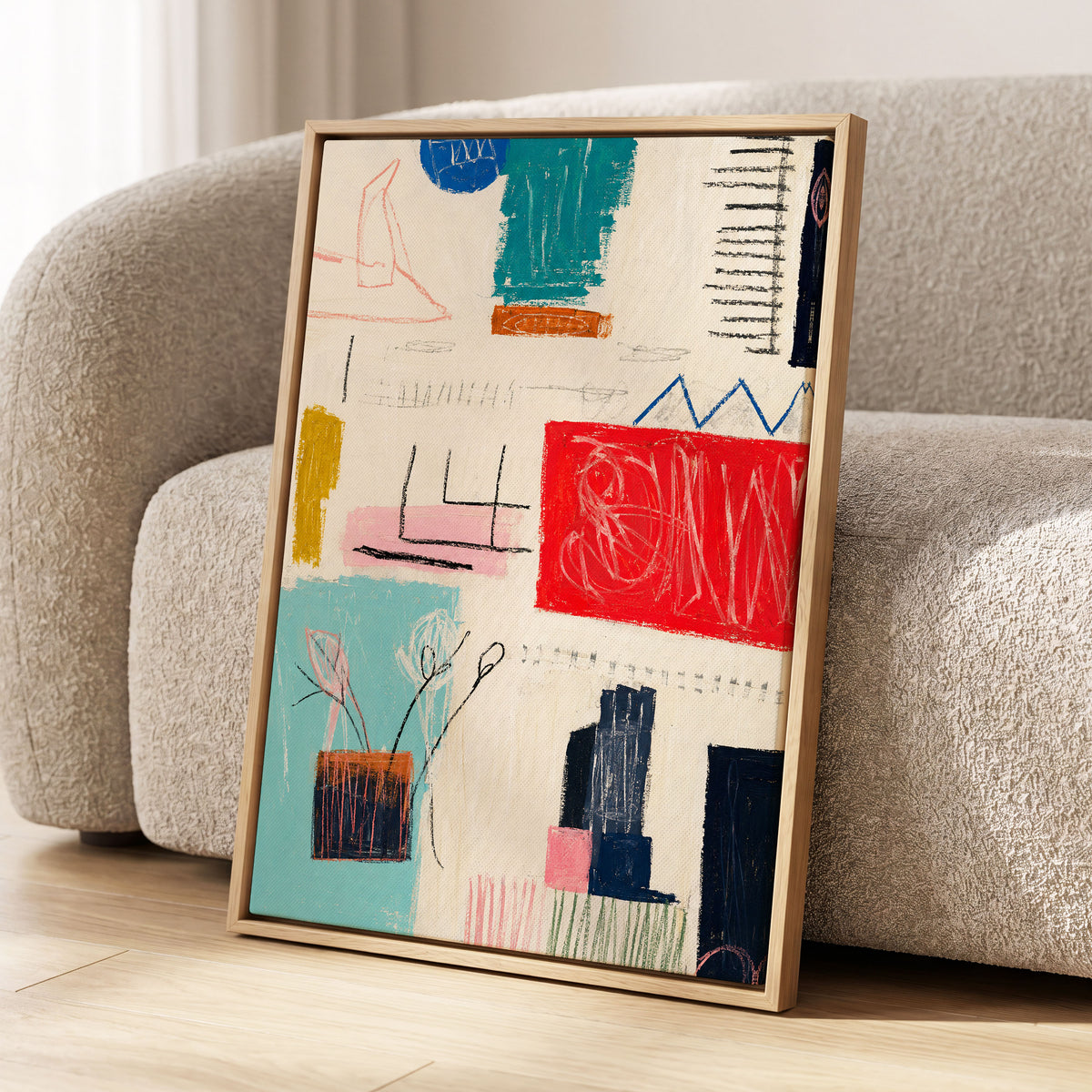 Colourblock Rhythm, beige, red, blue abstract wall art displayed in a styled interior, gallery view 4