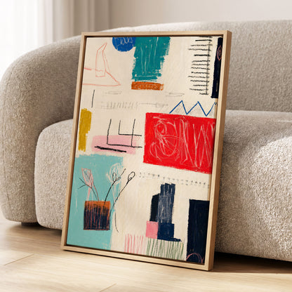 Colourblock Rhythm, beige, red, blue abstract wall art displayed in a styled interior, gallery view 4