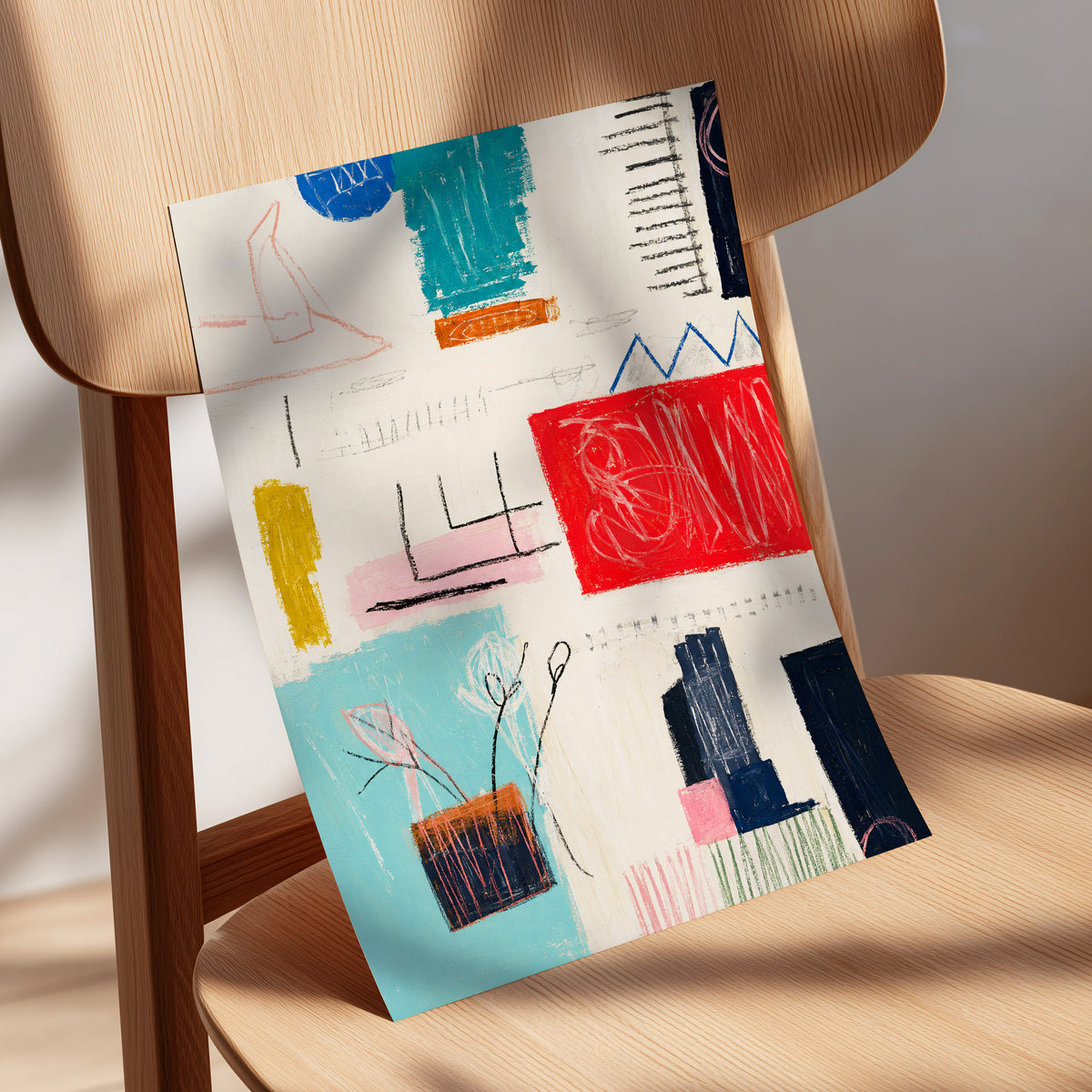 Colourblock Rhythm, beige, red, blue abstract wall art displayed in a styled interior, gallery view 5