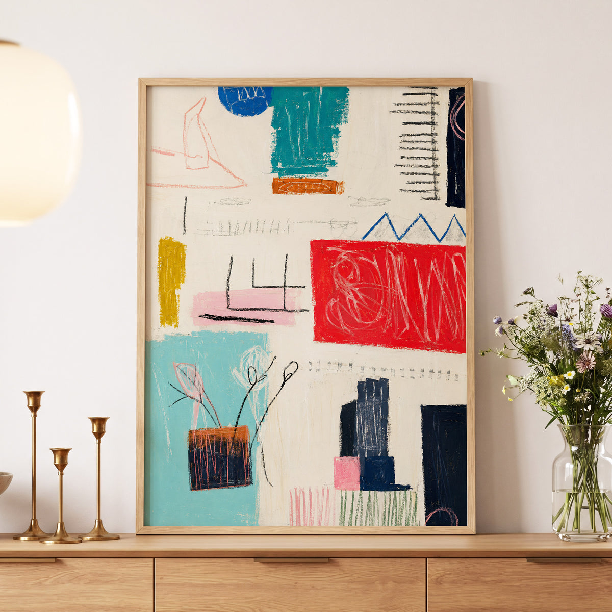 Colourblock Rhythm, beige, red, blue abstract wall art displayed in a styled interior, gallery view 6