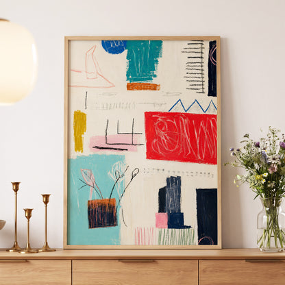Colourblock Rhythm, beige, red, blue abstract wall art displayed in a styled interior, gallery view 6