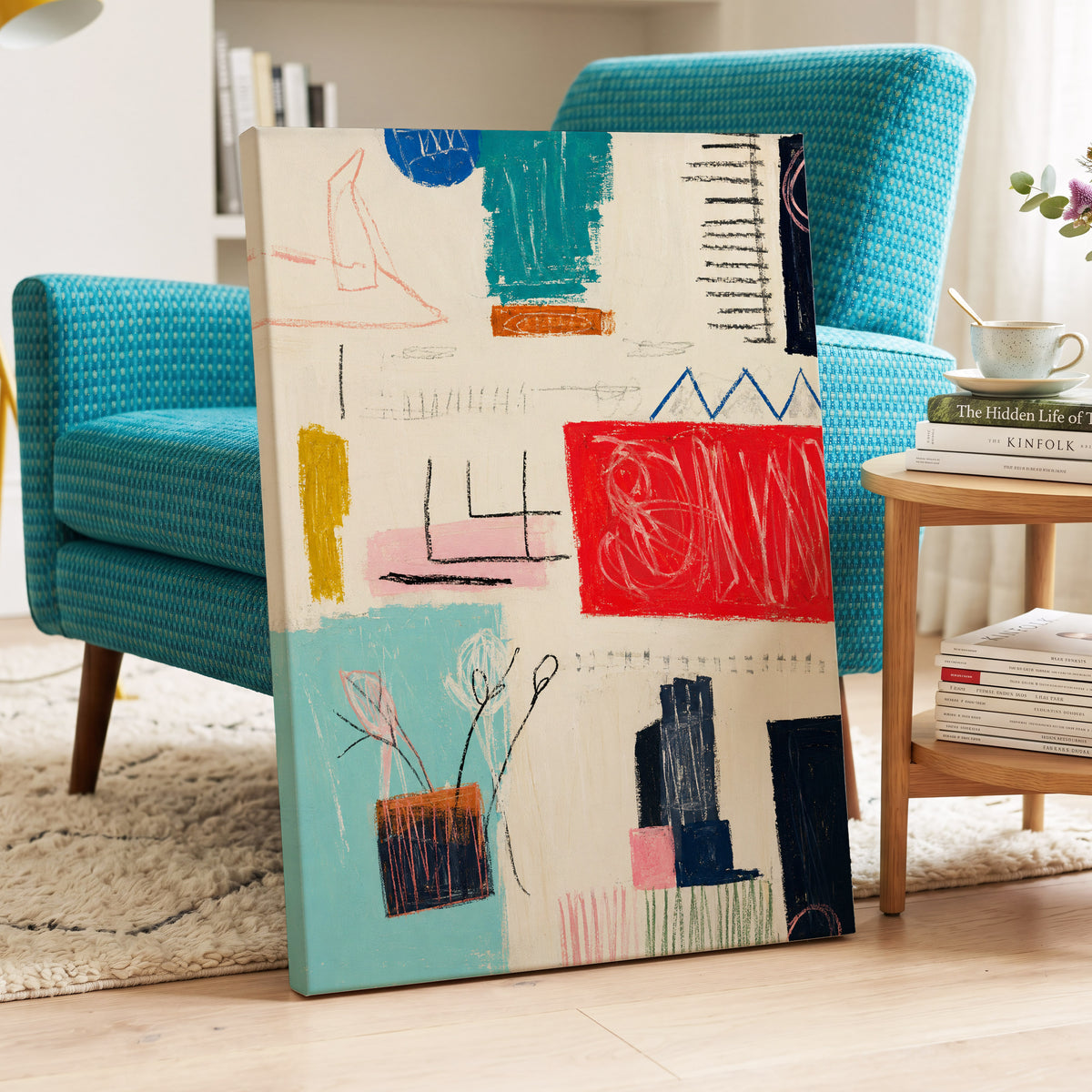 Colourblock Rhythm, beige, red, blue abstract wall art displayed in a styled interior, gallery view 7