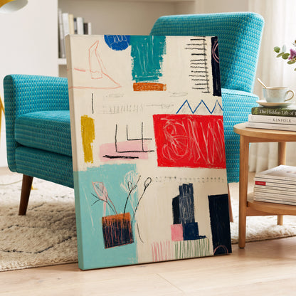 Colourblock Rhythm, beige, red, blue abstract wall art displayed in a styled interior, gallery view 7