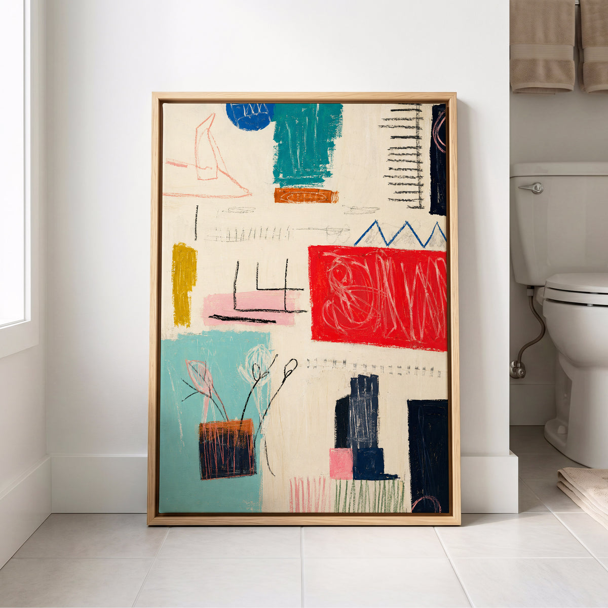 Colourblock Rhythm, beige, red, blue abstract wall art displayed in a styled interior, gallery view 8