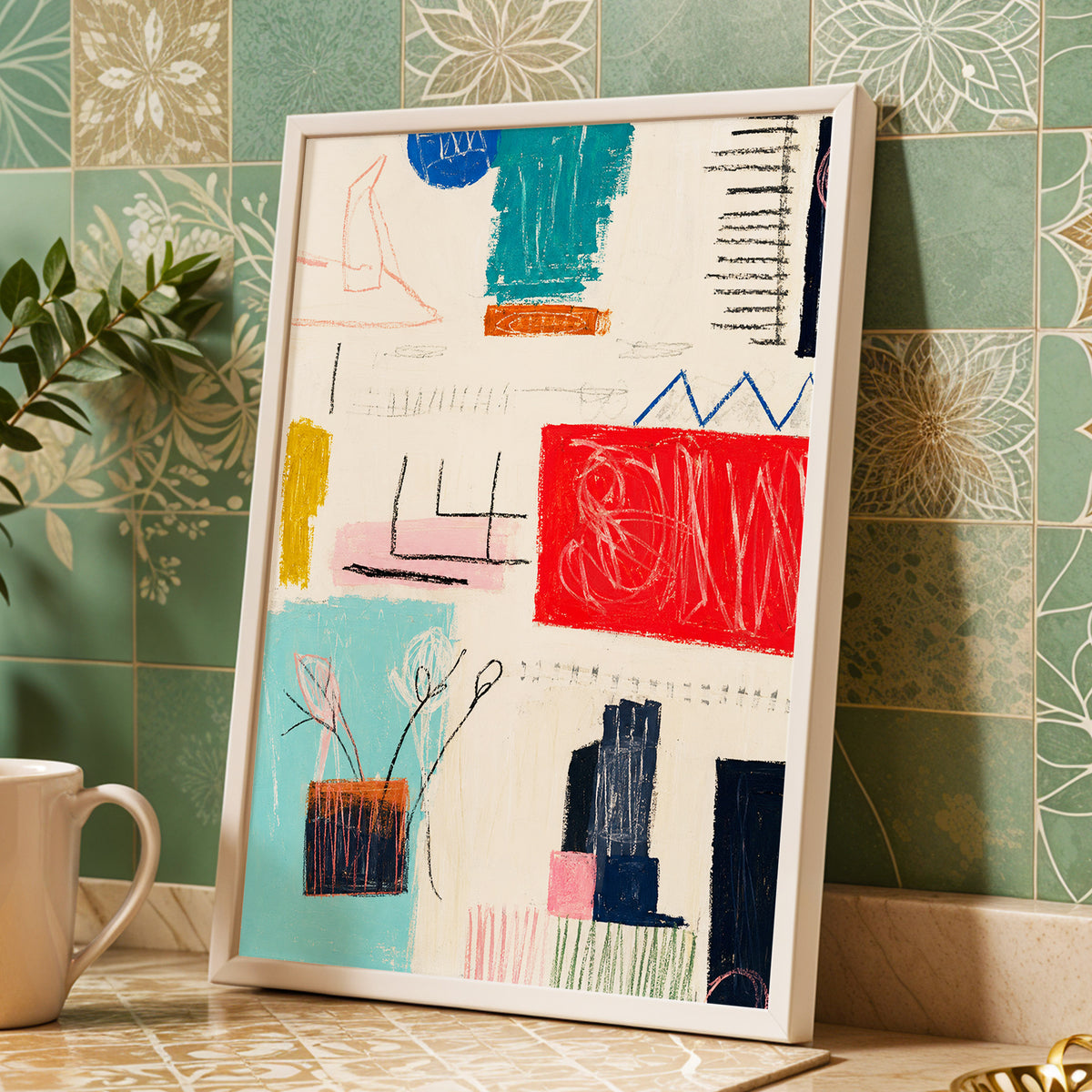 Colourblock Rhythm, beige, red, blue abstract wall art displayed in a styled interior, gallery view 9