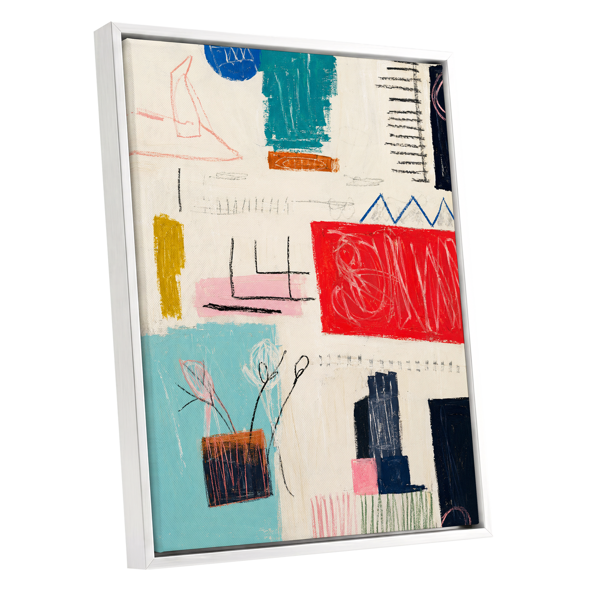 Colourblock Rhythm, beige, red, blue abstract wall art shown as a white framed canvas wall art
