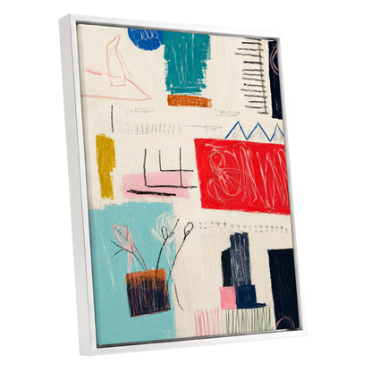 Colourblock Rhythm, beige, red, blue abstract wall art shown as a white framed canvas wall art