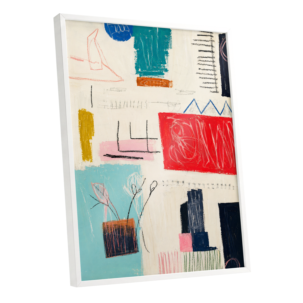 Colourblock Rhythm, beige, red, blue abstract wall art shown as a white framed poster wall art print