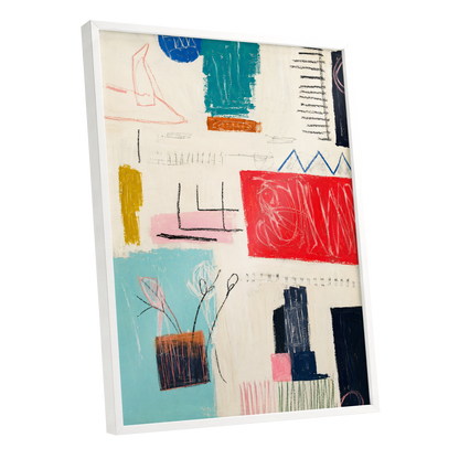 Colourblock Rhythm, beige, red, blue abstract wall art shown as a white framed poster wall art print