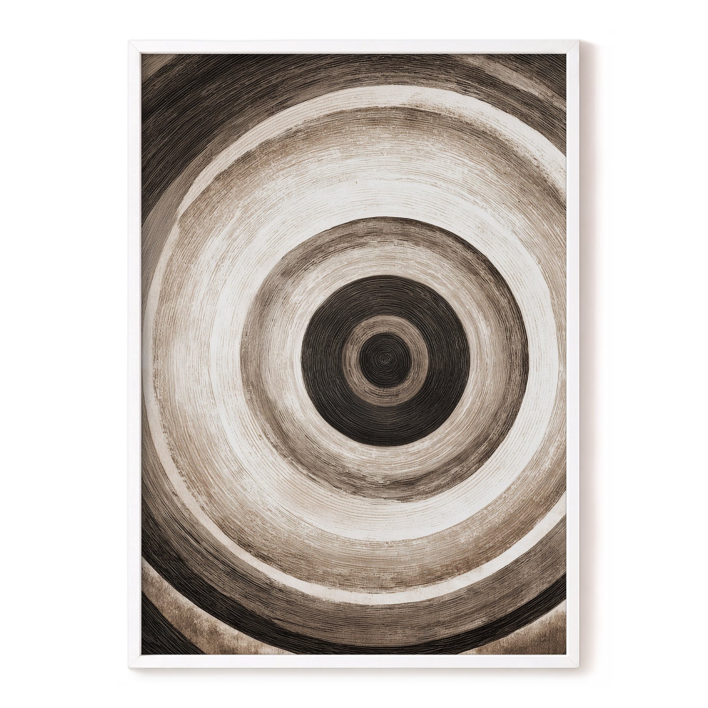 Concentric Stillness, black, brown, beige abstract wall art, front artwork view
