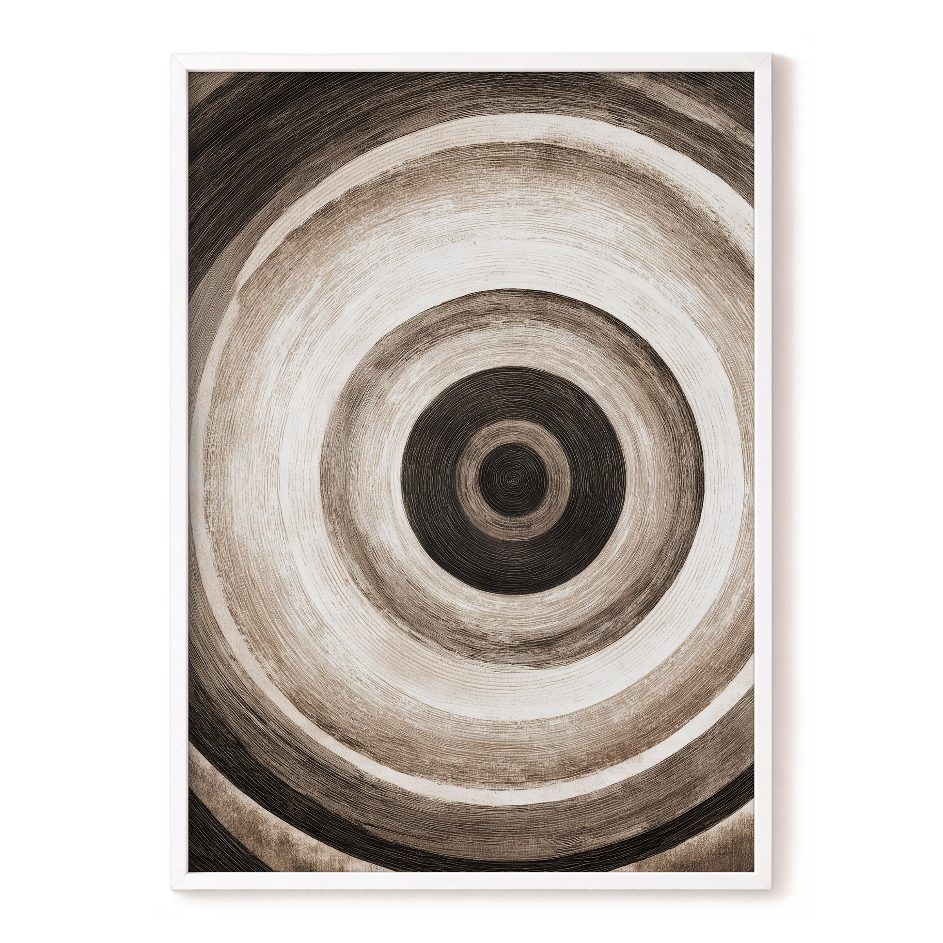Concentric Stillness, black, brown, beige abstract wall art, front artwork view