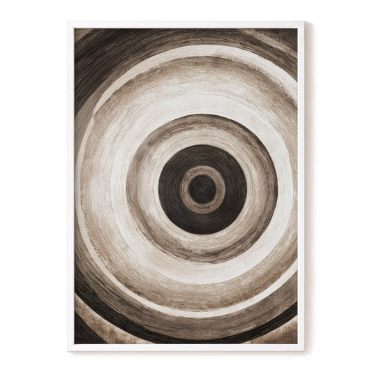 Concentric Stillness, black, brown, beige abstract wall art, front artwork view