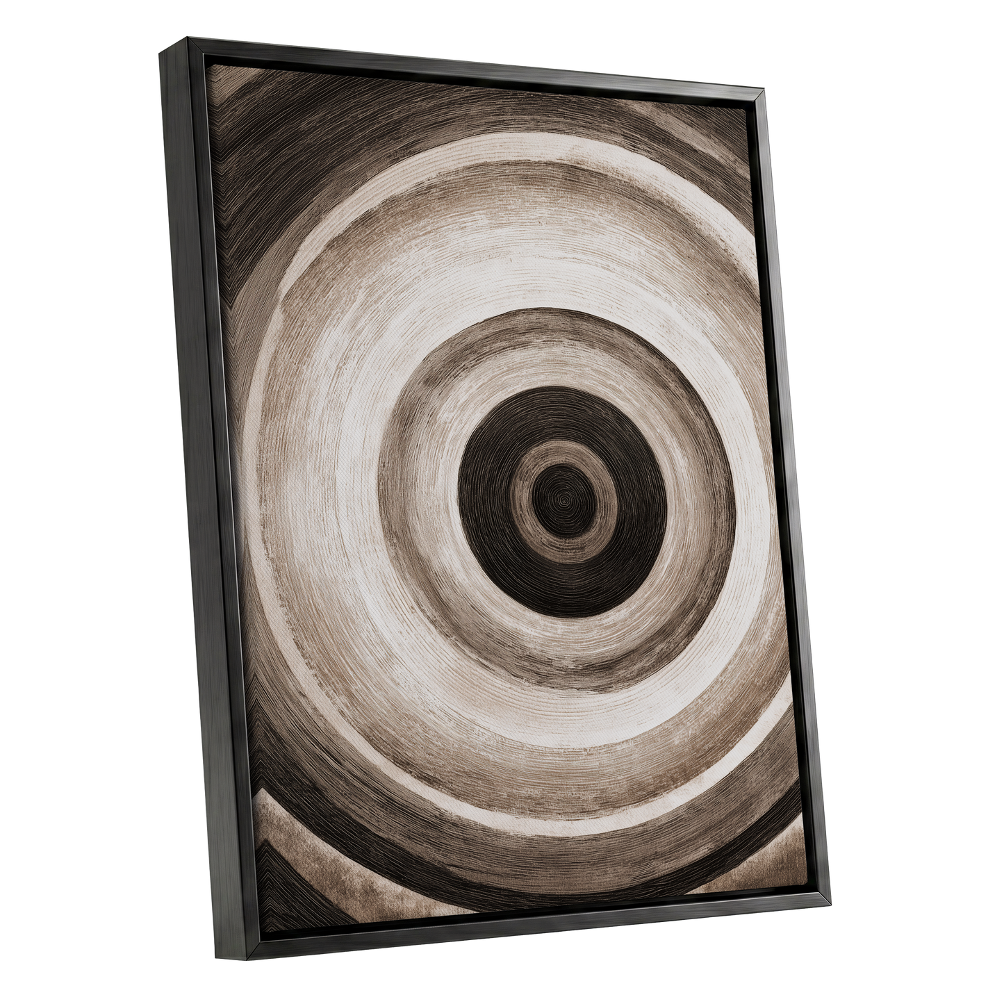 Concentric Stillness, black, brown, beige abstract wall art shown as a black framed canvas wall art