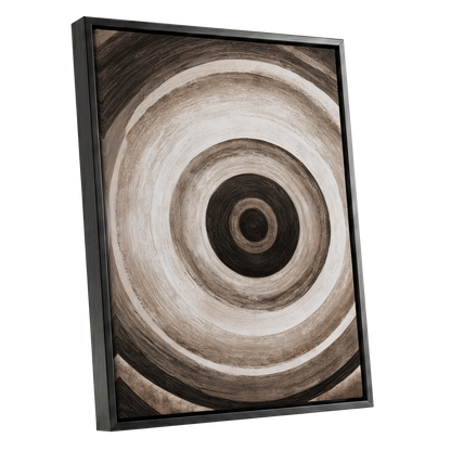 Concentric Stillness, black, brown, beige abstract wall art shown as a black framed canvas wall art