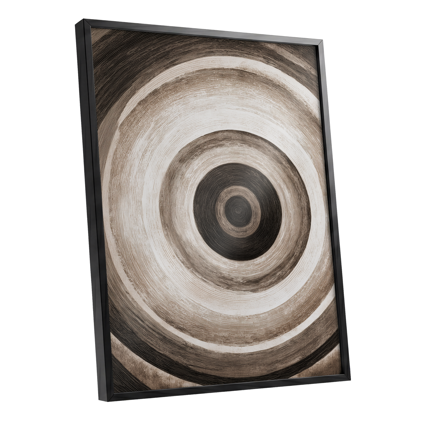 Concentric Stillness, black, brown, beige abstract wall art shown as a black framed poster wall art print