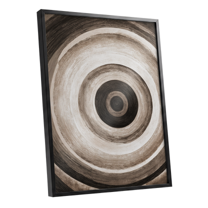 Concentric Stillness, black, brown, beige abstract wall art shown as a black framed poster wall art print