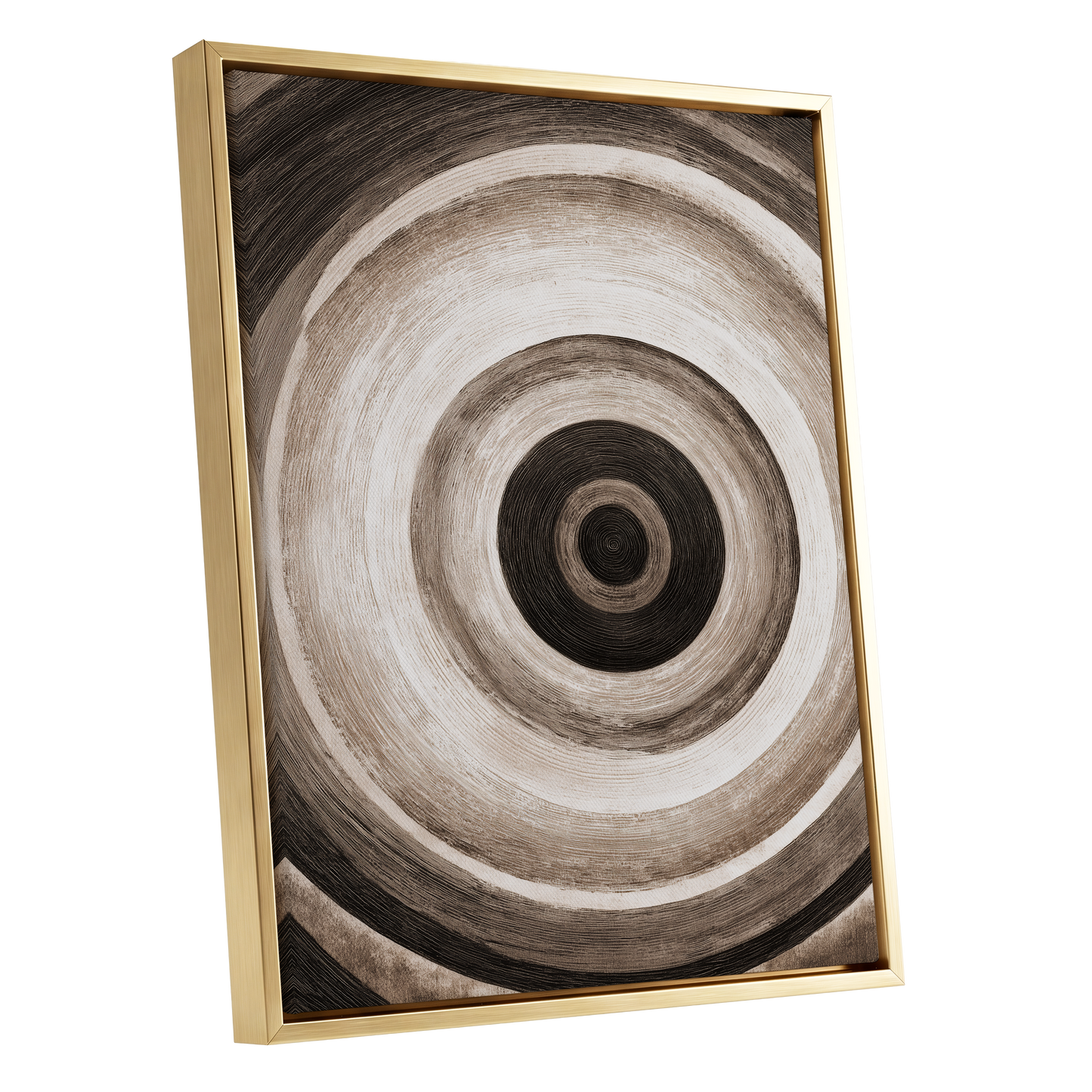 Concentric Stillness, black, brown, beige abstract wall art shown as a gold framed canvas wall art