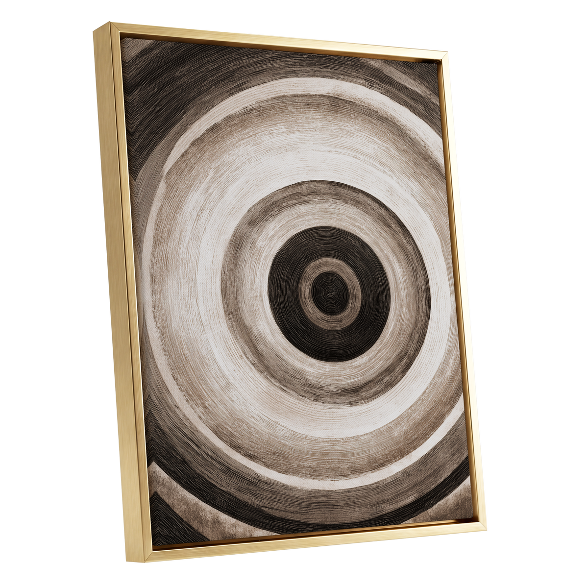Concentric Stillness, black, brown, beige abstract wall art shown as a gold framed canvas wall art