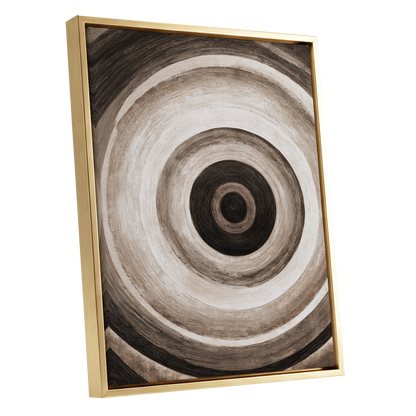 Concentric Stillness, black, brown, beige abstract wall art shown as a gold framed canvas wall art