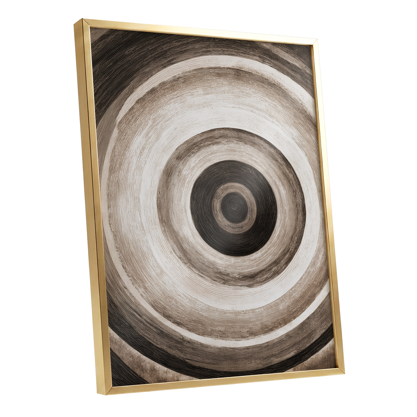 Concentric Stillness, black, brown, beige abstract wall art shown as a gold framed poster wall art print