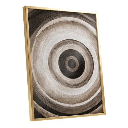 Concentric Stillness, black, brown, beige abstract wall art shown as a gold framed poster wall art print