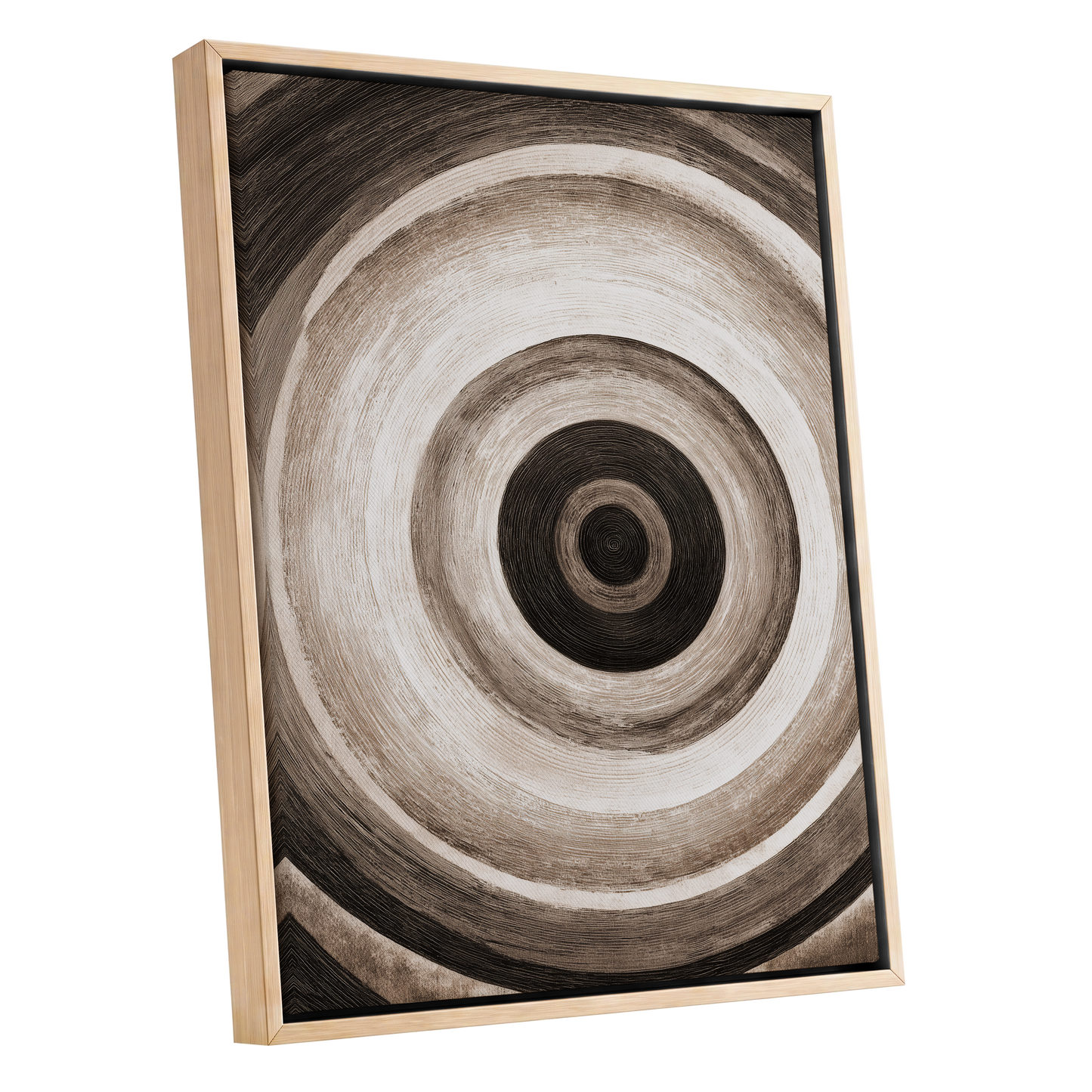 Concentric Stillness, black, brown, beige abstract wall art shown as a oak framed canvas wall art