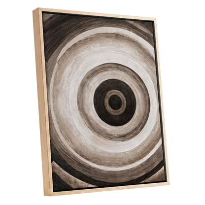 Concentric Stillness, black, brown, beige abstract wall art shown as a oak framed canvas wall art