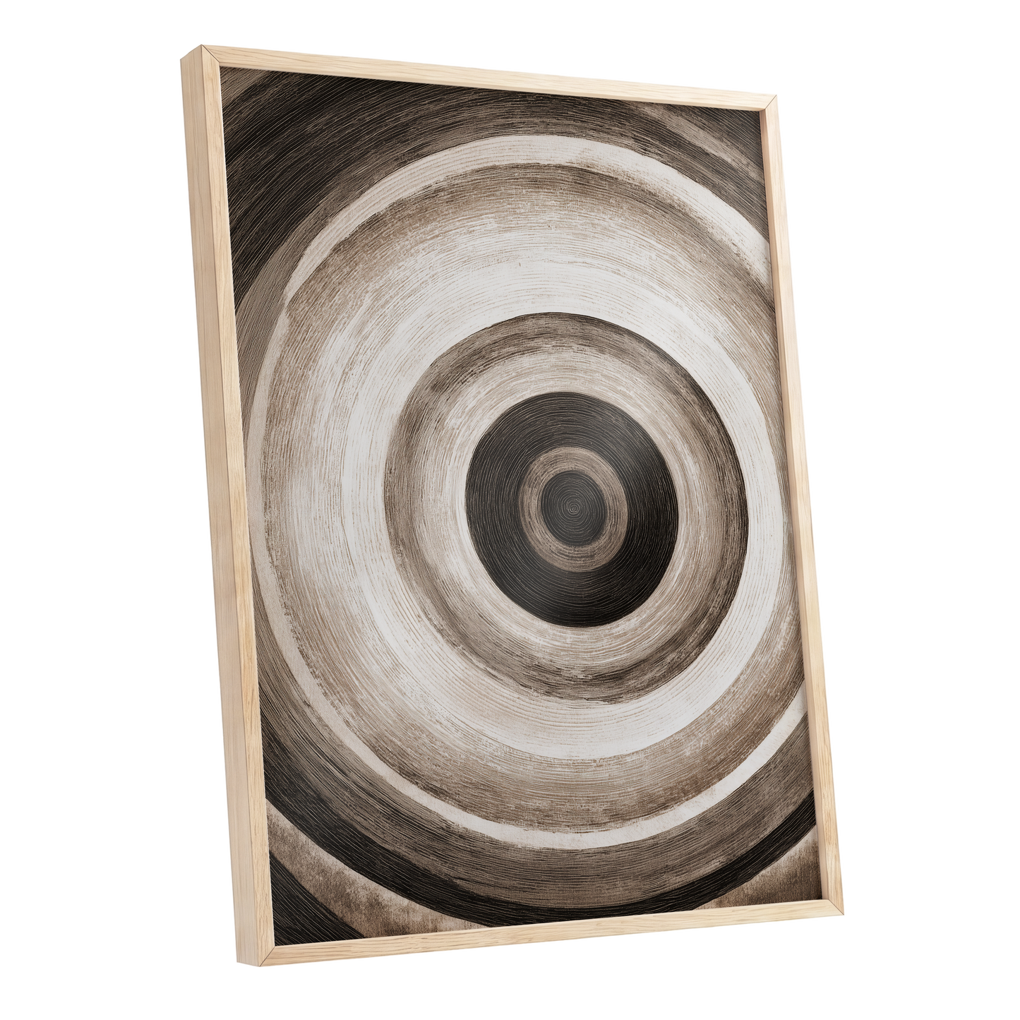 Concentric Stillness, black, brown, beige abstract wall art shown as a oak framed poster wall art print