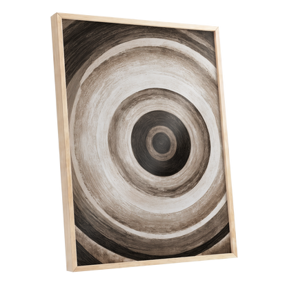 Concentric Stillness, black, brown, beige abstract wall art shown as a oak framed poster wall art print