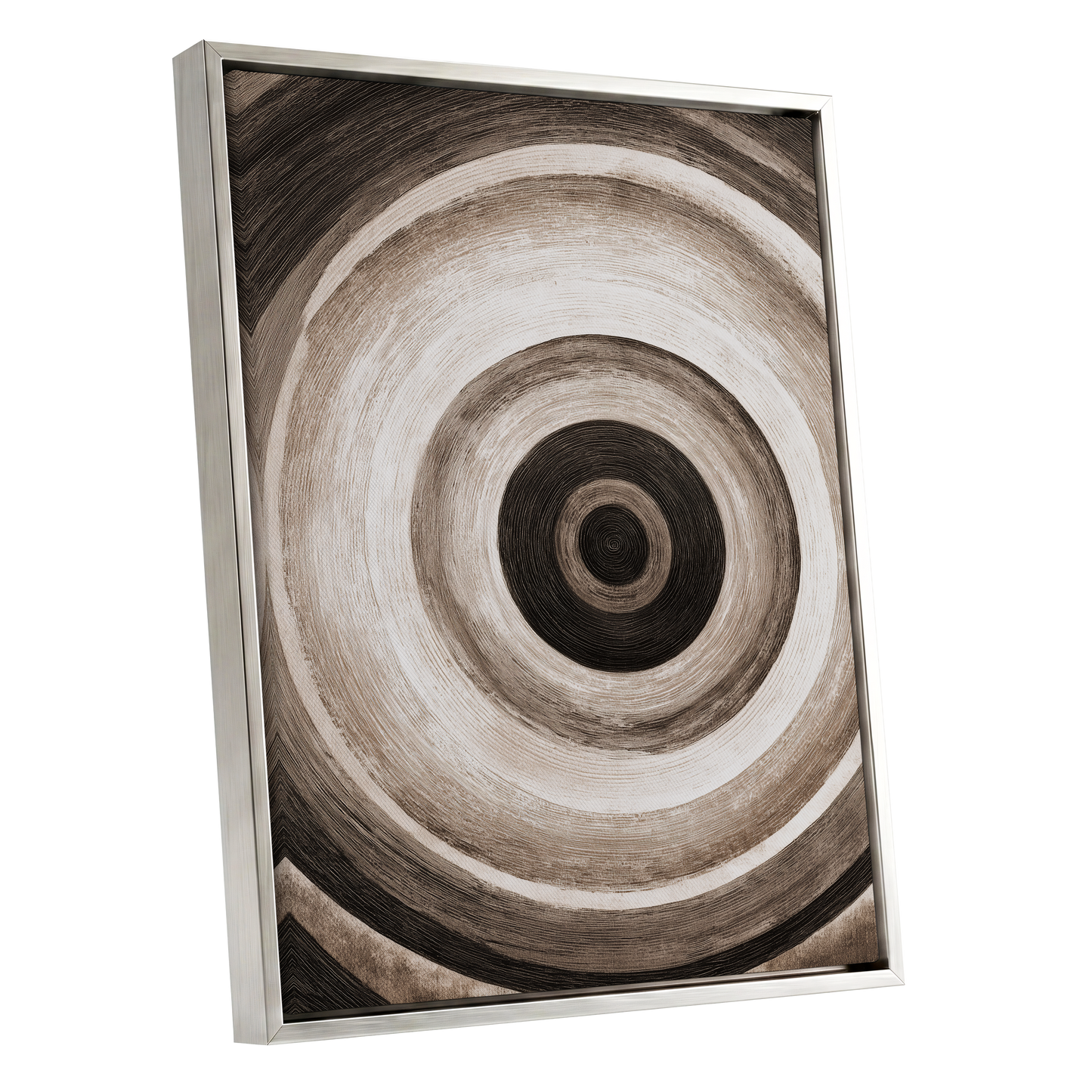 Concentric Stillness, black, brown, beige abstract wall art shown as a silver framed canvas wall art