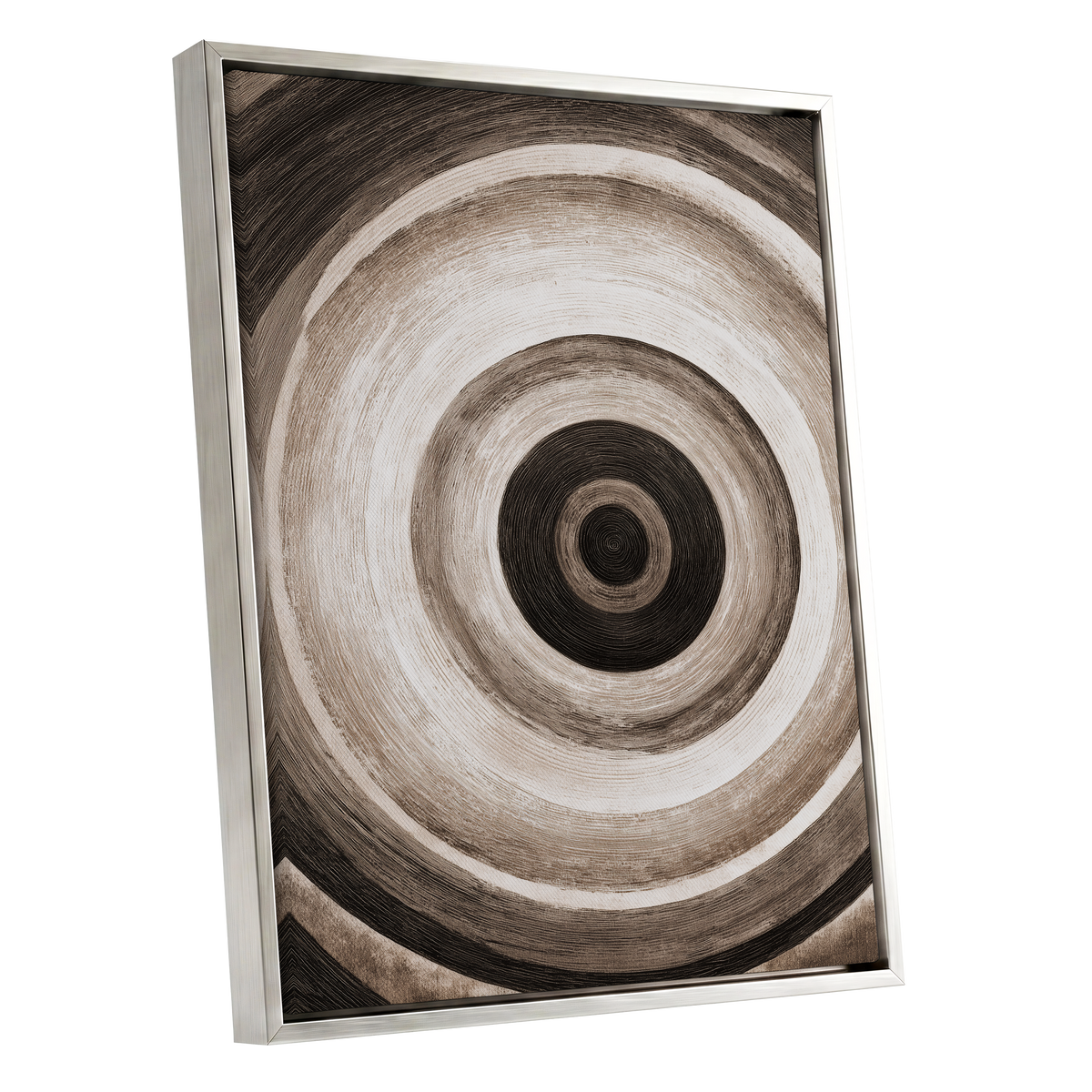 Concentric Stillness, black, brown, beige abstract wall art shown as a silver framed canvas wall art