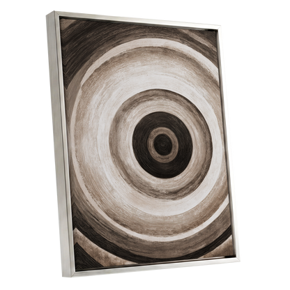 Concentric Stillness, black, brown, beige abstract wall art shown as a silver framed canvas wall art