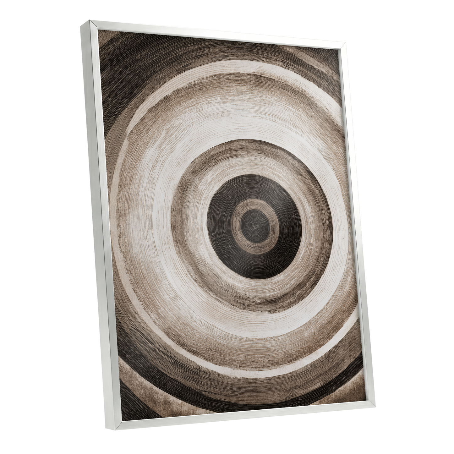 Concentric Stillness, black, brown, beige abstract wall art shown as a silver framed poster wall art print