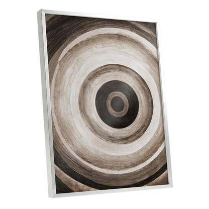 Concentric Stillness, black, brown, beige abstract wall art shown as a silver framed poster wall art print