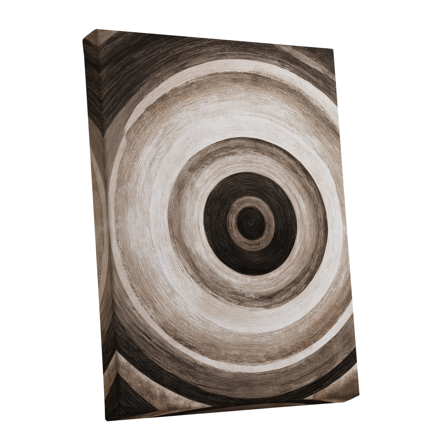 Concentric Stillness, black, brown, beige abstract wall art shown as a stretched canvas wall art