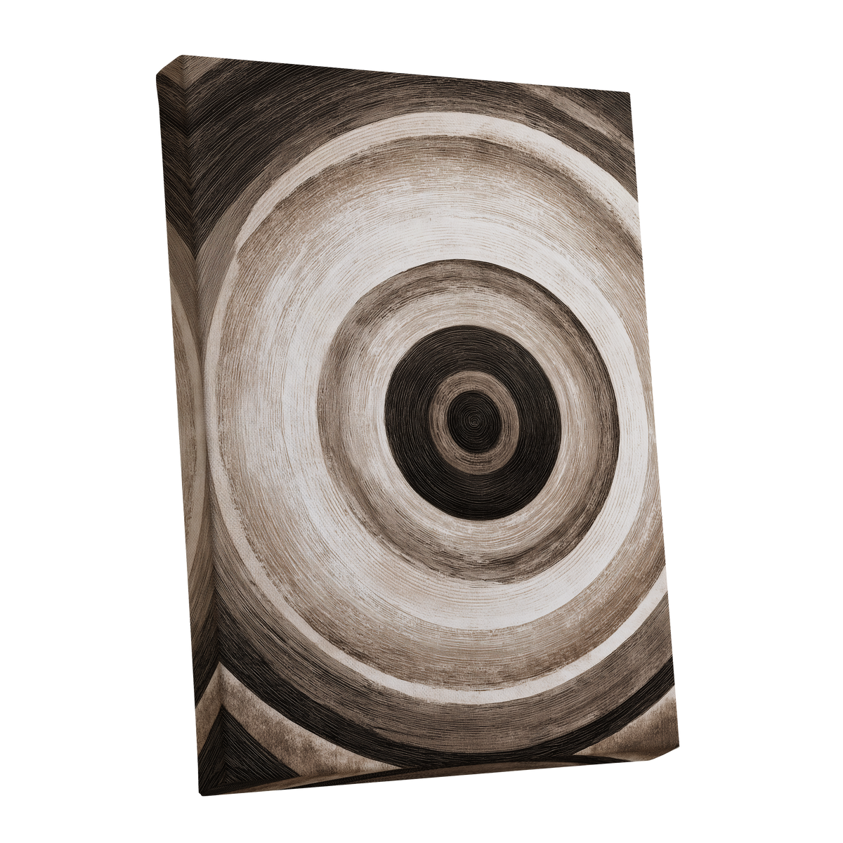 Concentric Stillness, black, brown, beige abstract wall art shown as a stretched canvas wall art