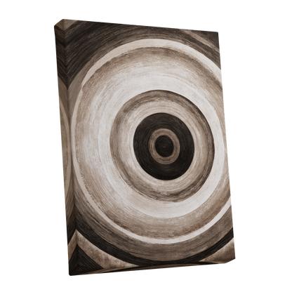 Concentric Stillness, black, brown, beige abstract wall art shown as a stretched canvas wall art