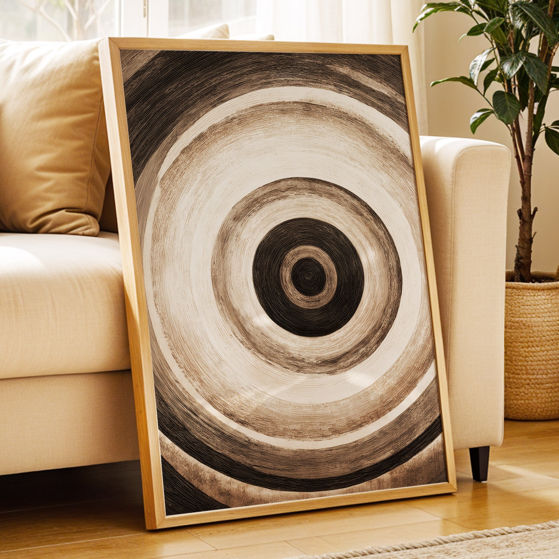 Concentric Stillness, black, brown, beige abstract wall art displayed in a styled interior, gallery view 2