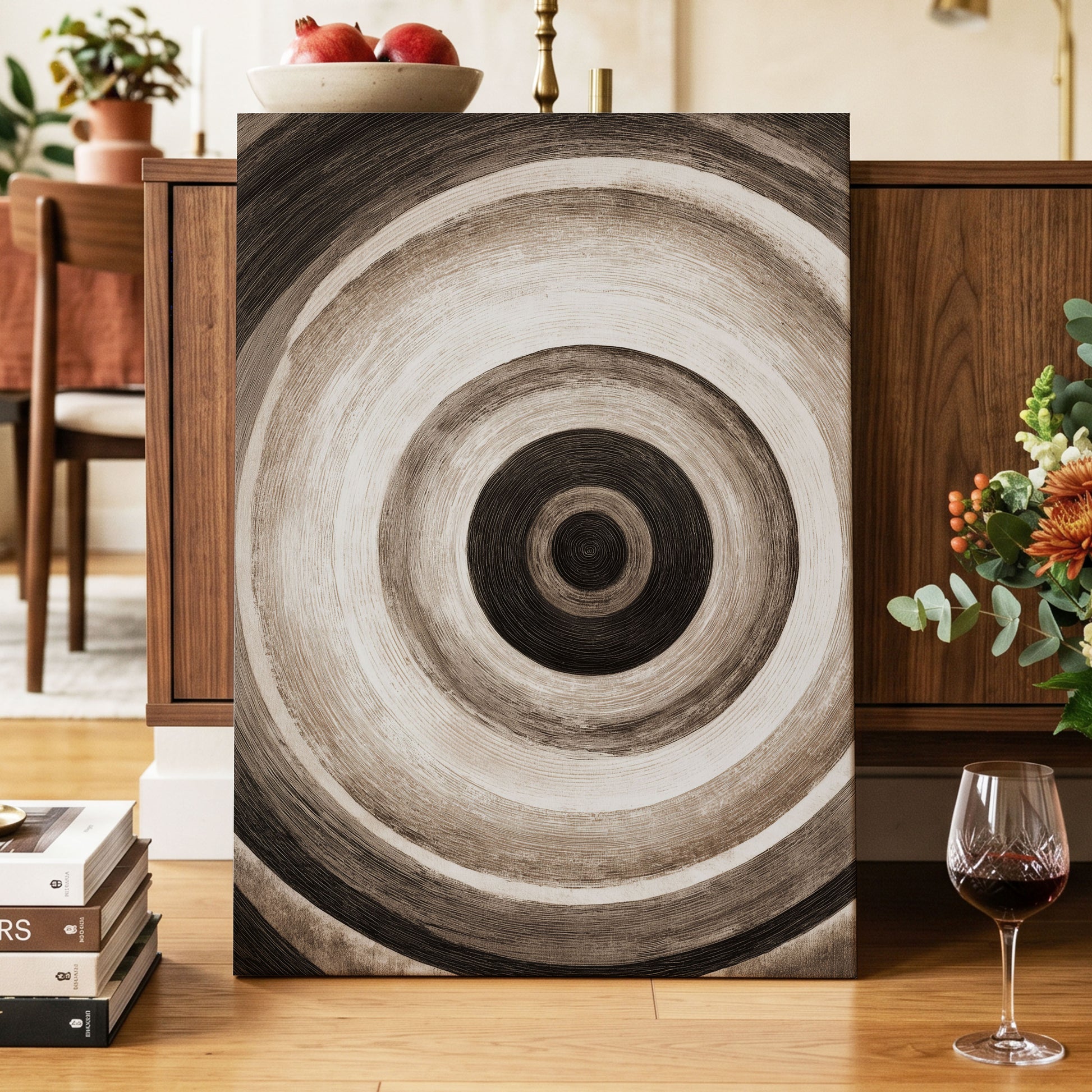 Concentric Stillness, black, brown, beige abstract wall art displayed in a styled interior, gallery view 3