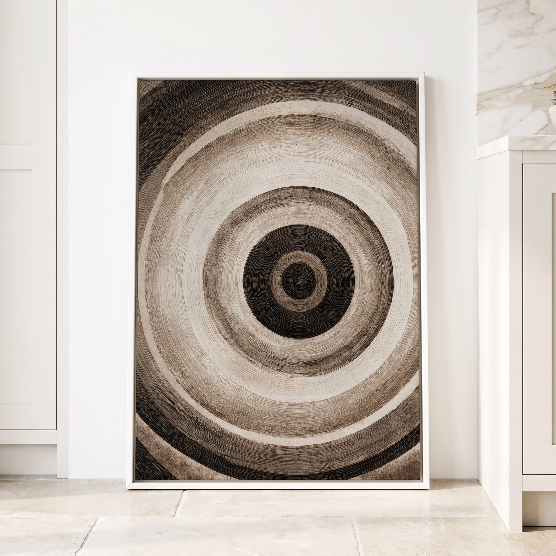 Concentric Stillness, black, brown, beige abstract wall art displayed in a styled interior, gallery view 4