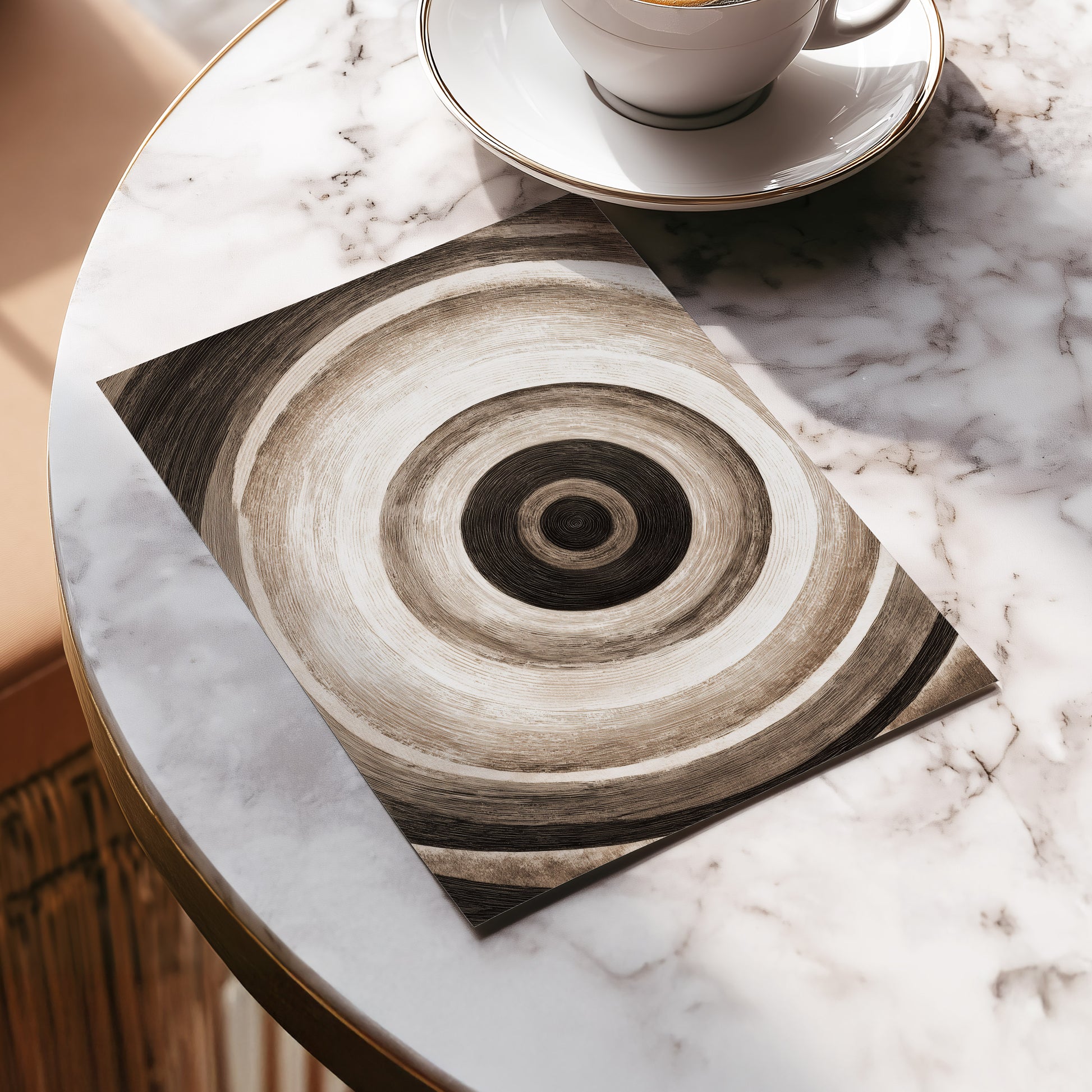 Concentric Stillness, black, brown, beige abstract wall art displayed in a styled interior, gallery view 5
