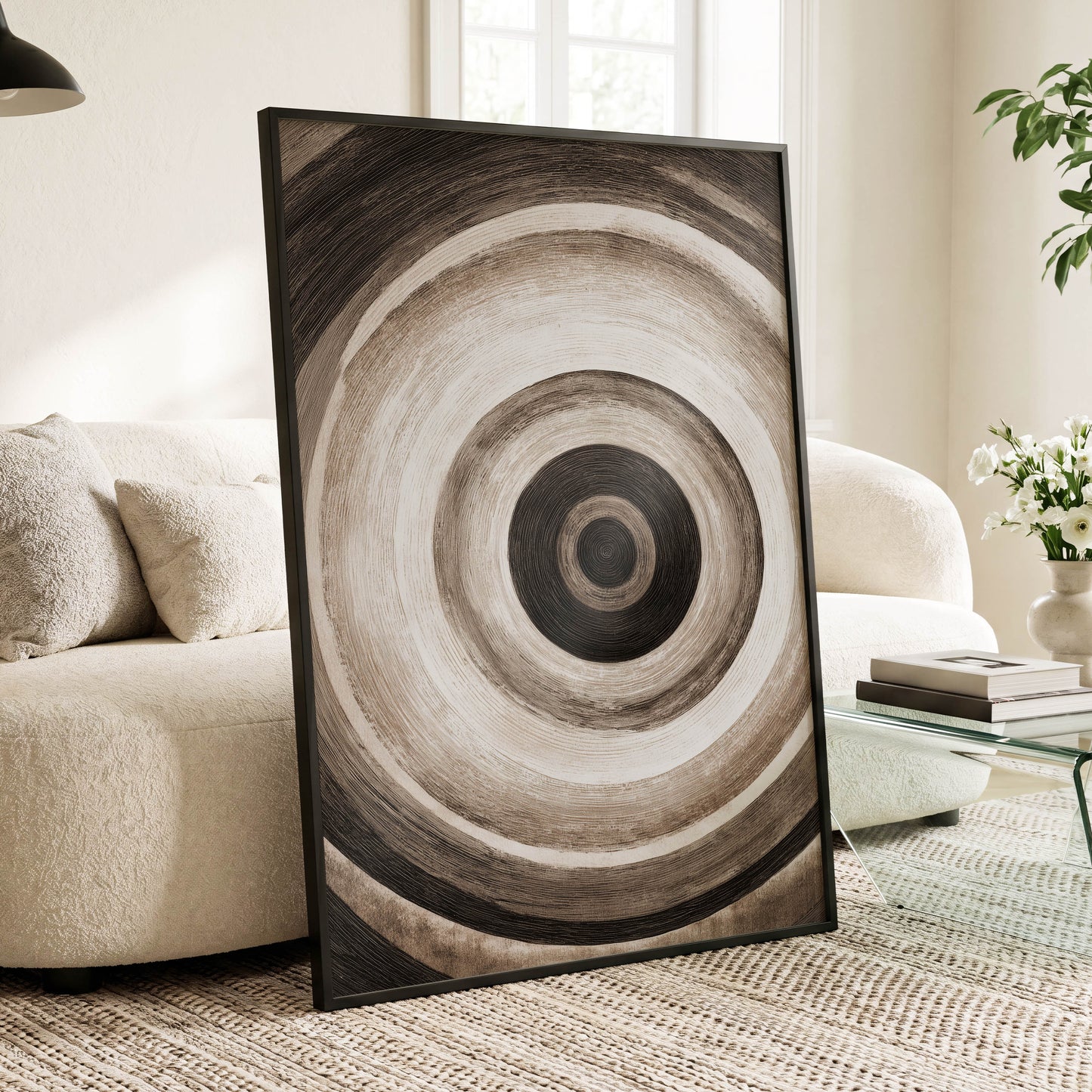 Concentric Stillness, black, brown, beige abstract wall art displayed in a styled interior, gallery view 6