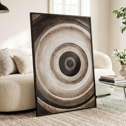 Concentric Stillness, black, brown, beige abstract wall art displayed in a styled interior, gallery view 6